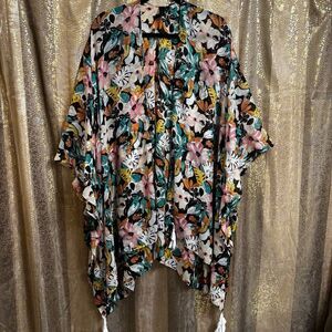 Lane Bryant Tropical Sheer Colorful Floral Tassel Swim Coverup Ruana OS